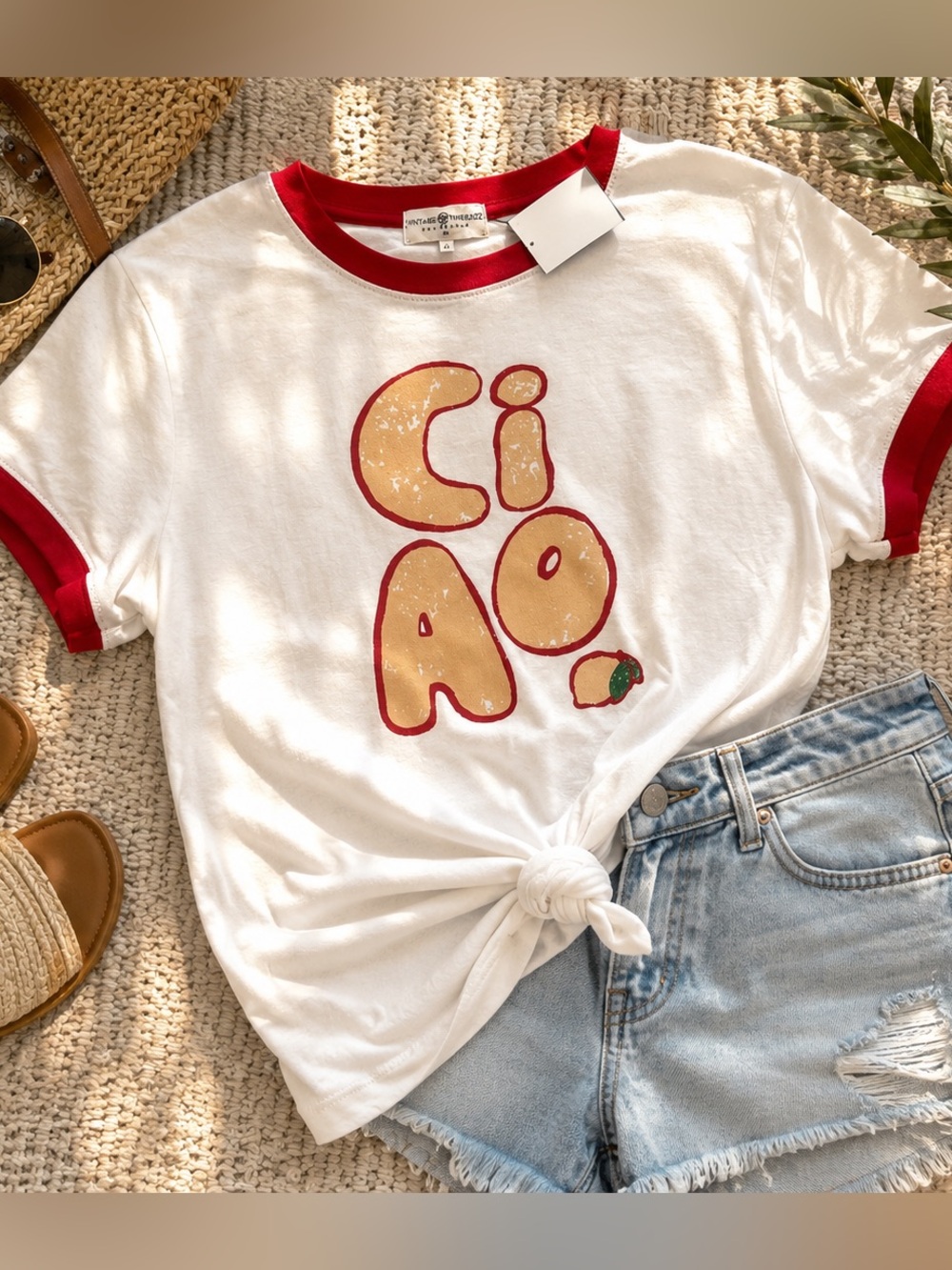 Ciao Ringer Tee XL Retro Italian Summer Graphic T-Shirt NWT